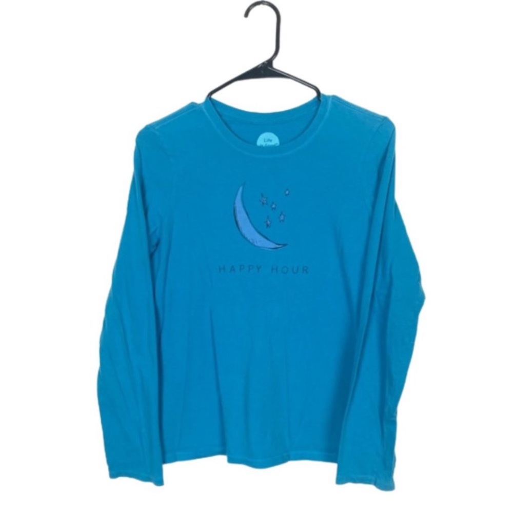 Life is good moon graphic happy hour spelling long sleeve top  size small